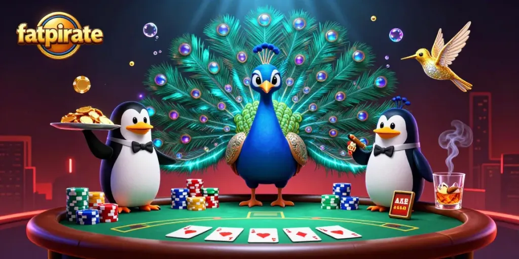 Experience gaming excitement with FatPirate's vibrant casino illustration featuring playful characters and dynamic elements.