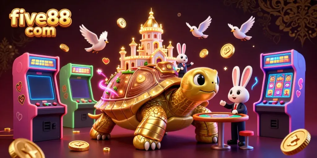 Spin the reels at five88 com with this vibrant, dynamic casino scene featuring cartoon characters.