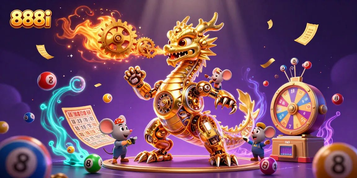 Catch the excitement of 888i with a vibrant scene featuring a golden dragon amidst lottery elements
