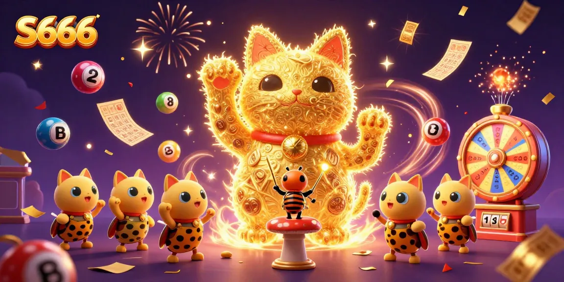 S666 players celebrate wins with dynamic animations of a lucky cat and colorful casino elements.