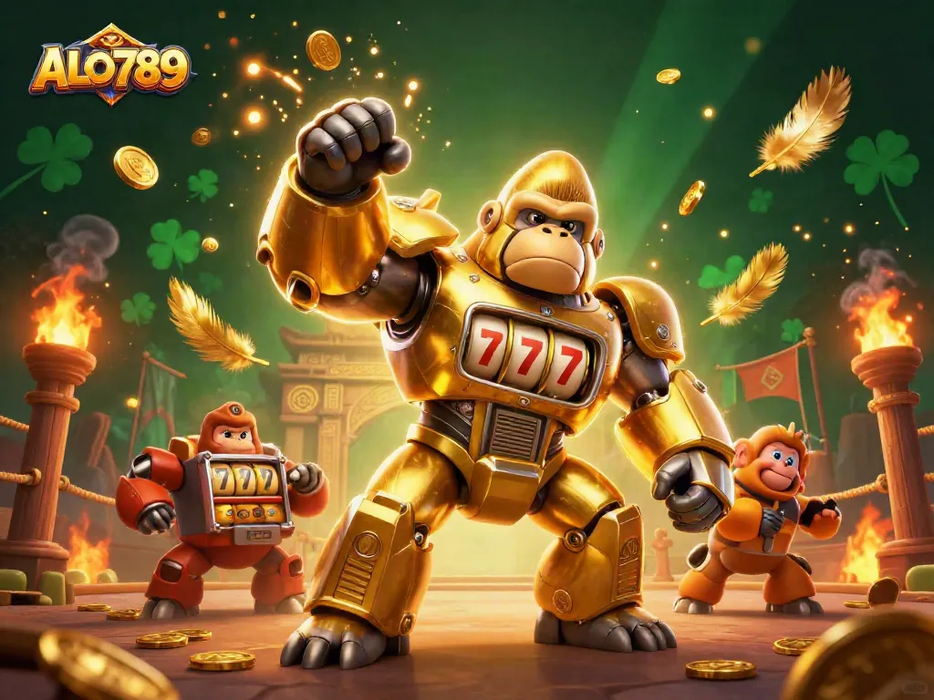 Experience thrilling ALO789 gameplay with a dynamic fighter scene and golden gorilla mech.
