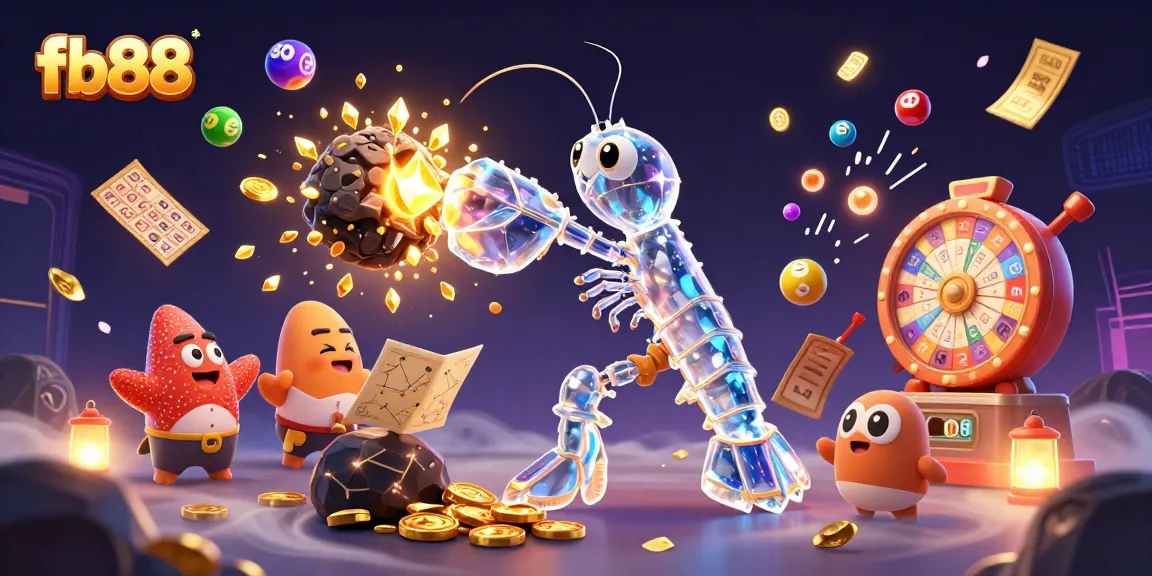 Engage with fb88 in an exciting 3D illustration of a mantis shrimp smashing through gems in a vibrant casino setting.