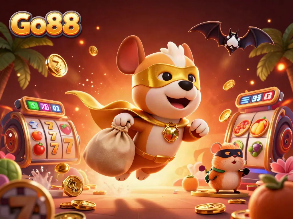 Experience Go88's exciting casino atmosphere through a superhero dog soaring with gold coins amidst slots and vivid decorations.