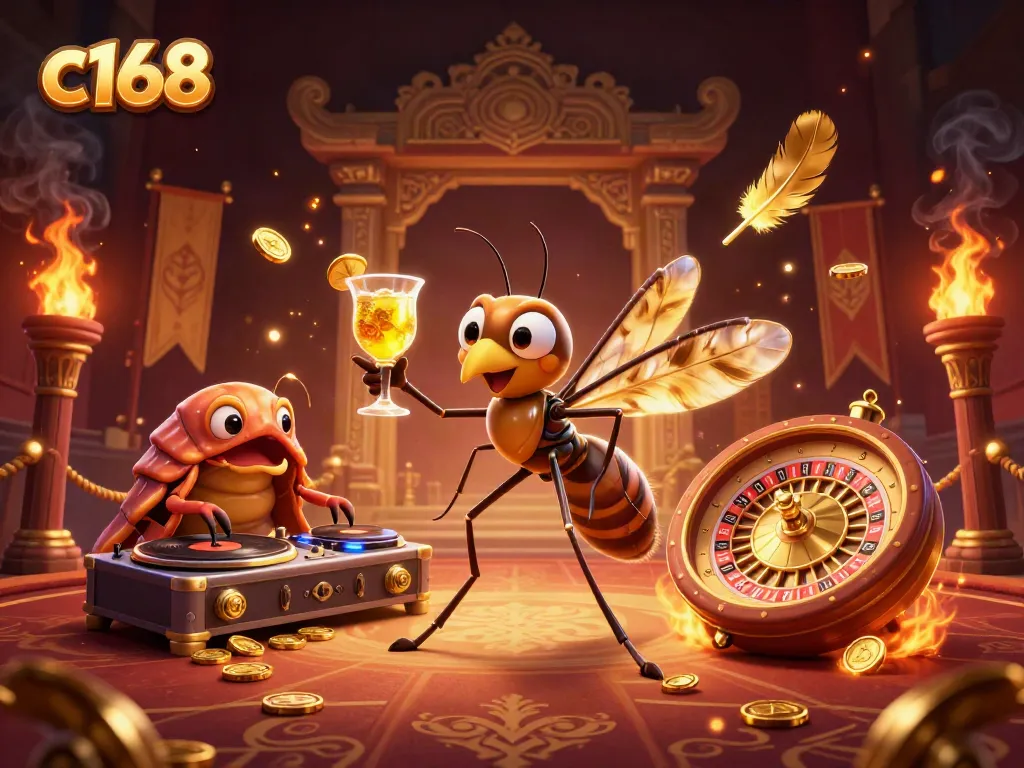 Engage with the c168 mascot and trilobite DJ in a vibrant casino-themed scene.