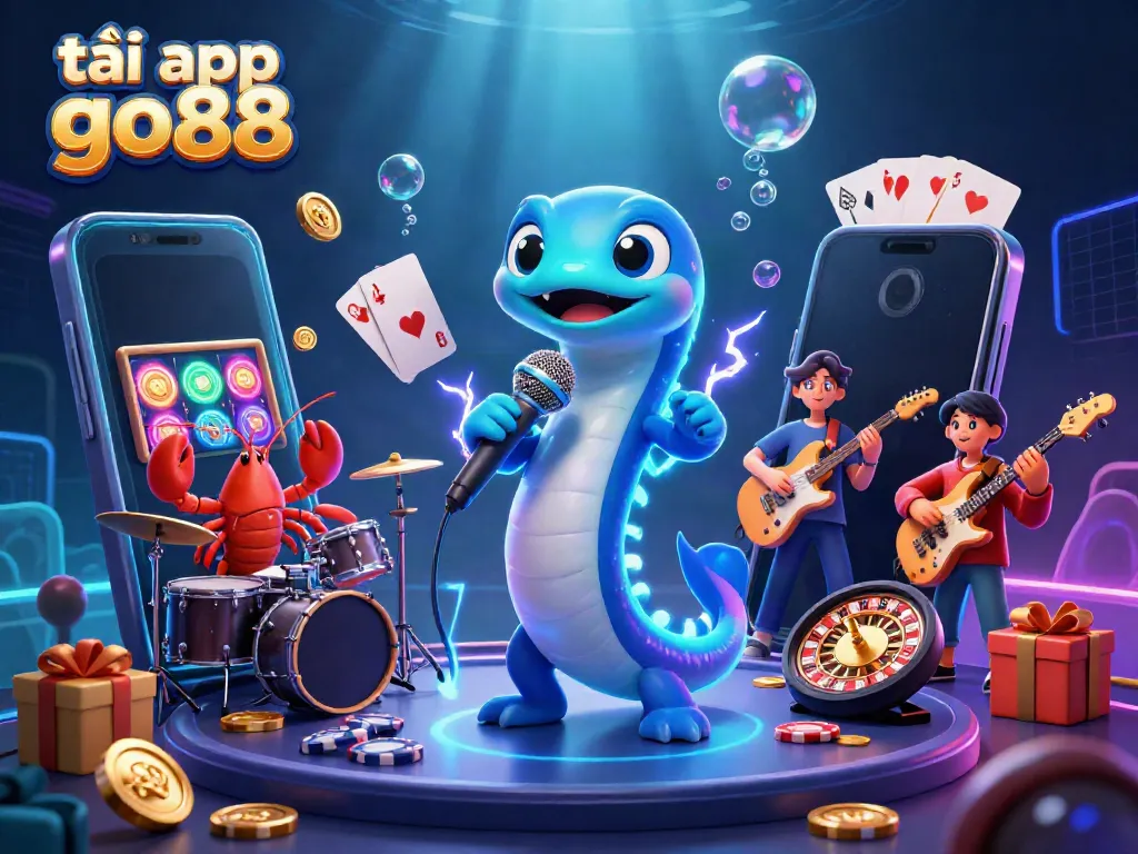 Experience excitement with tải app go88 in this vibrant underwater casino scene featuring a DJ eel and band.