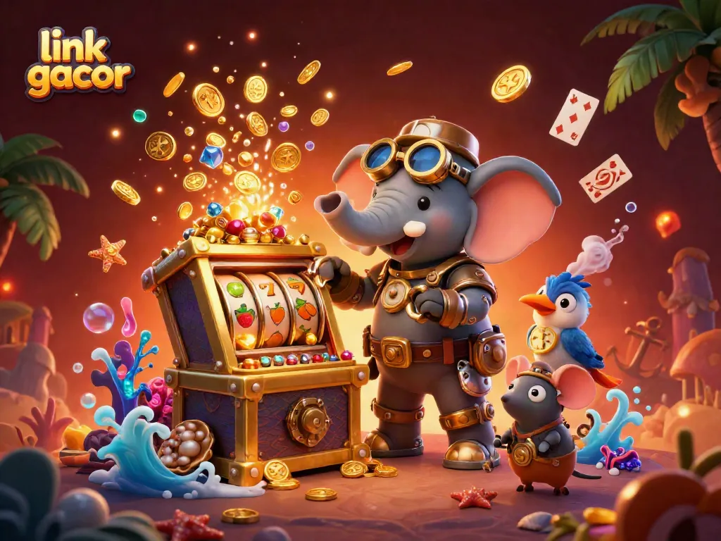 Experience the thrill of link gacor games with a steampunk elephant operating a golden slot machine amidst underwater treasures!