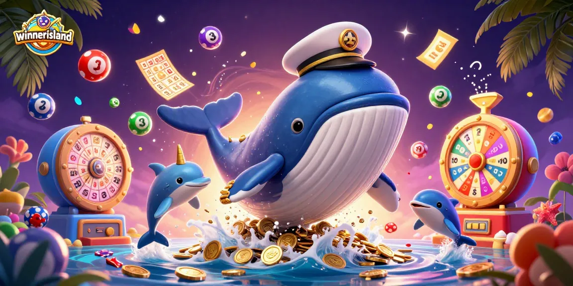 Experience the magic of winnerisland with a 3D illustration of playful dolphins and a whale in a sea of coins.