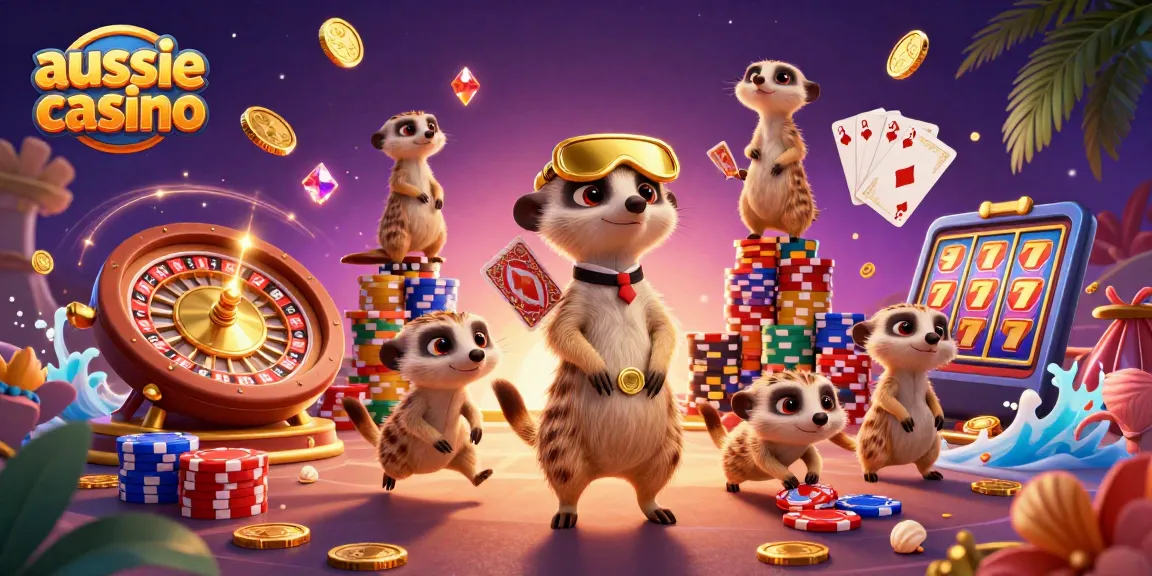 Experience the excitement of the aussie casino with meerkats managing a vibrant gaming scene featuring roulette and poker.