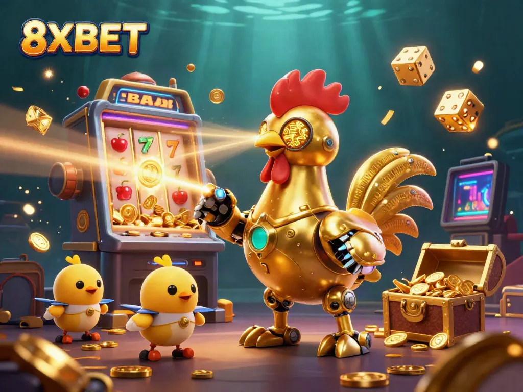 Experience 8XBET's fun casino atmosphere with a golden rooster robot and chick drones surrounded by gaming excitement.