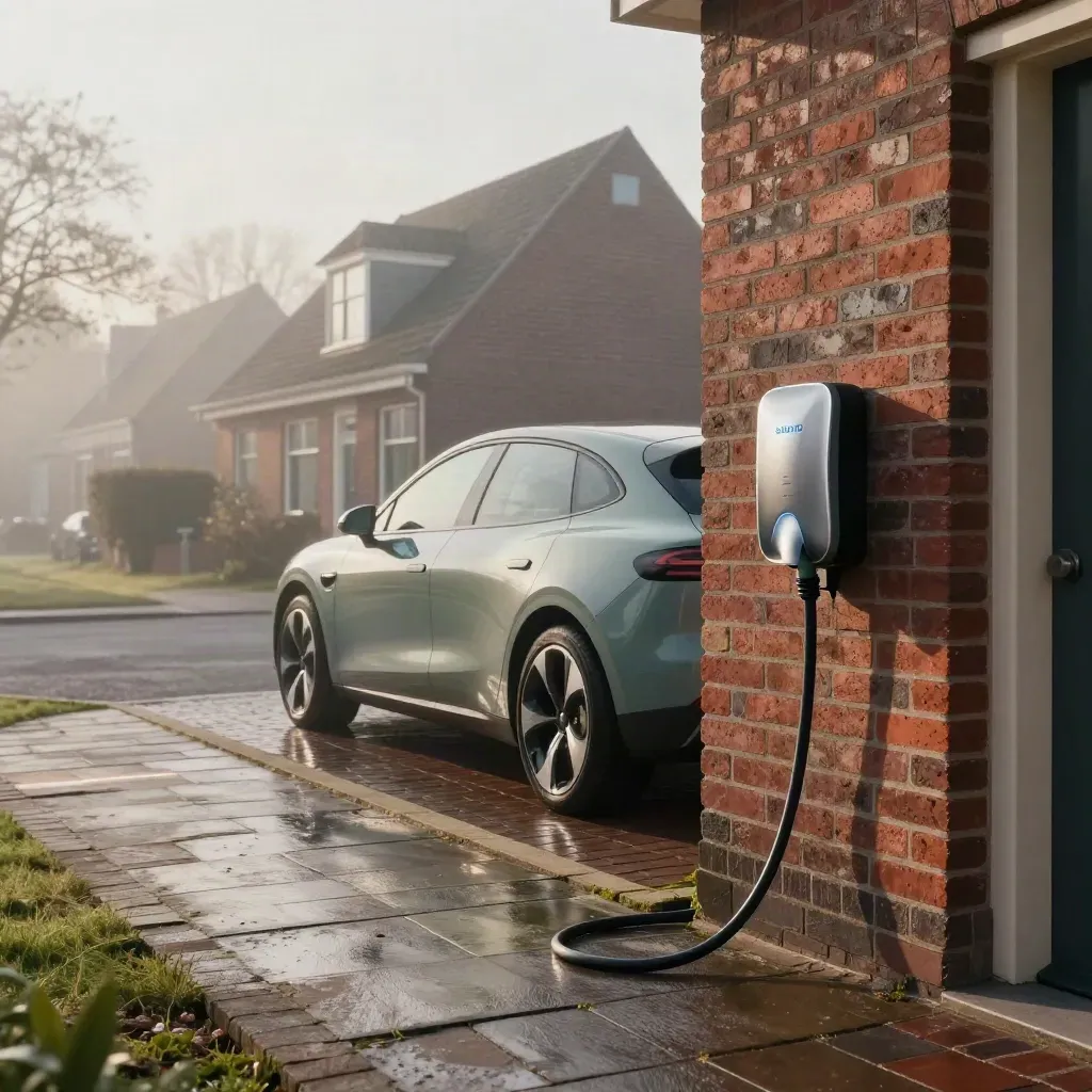 Elektrische hatchback aan de lader bij een huis in de ochtendmist.