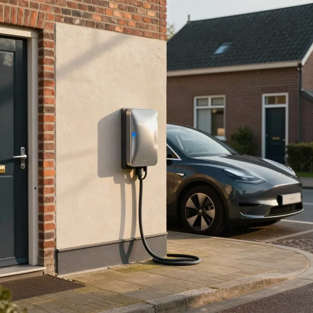 Open meterkast, laadpunt en geparkeerde EV voor een huis in warm voorjaarslicht.