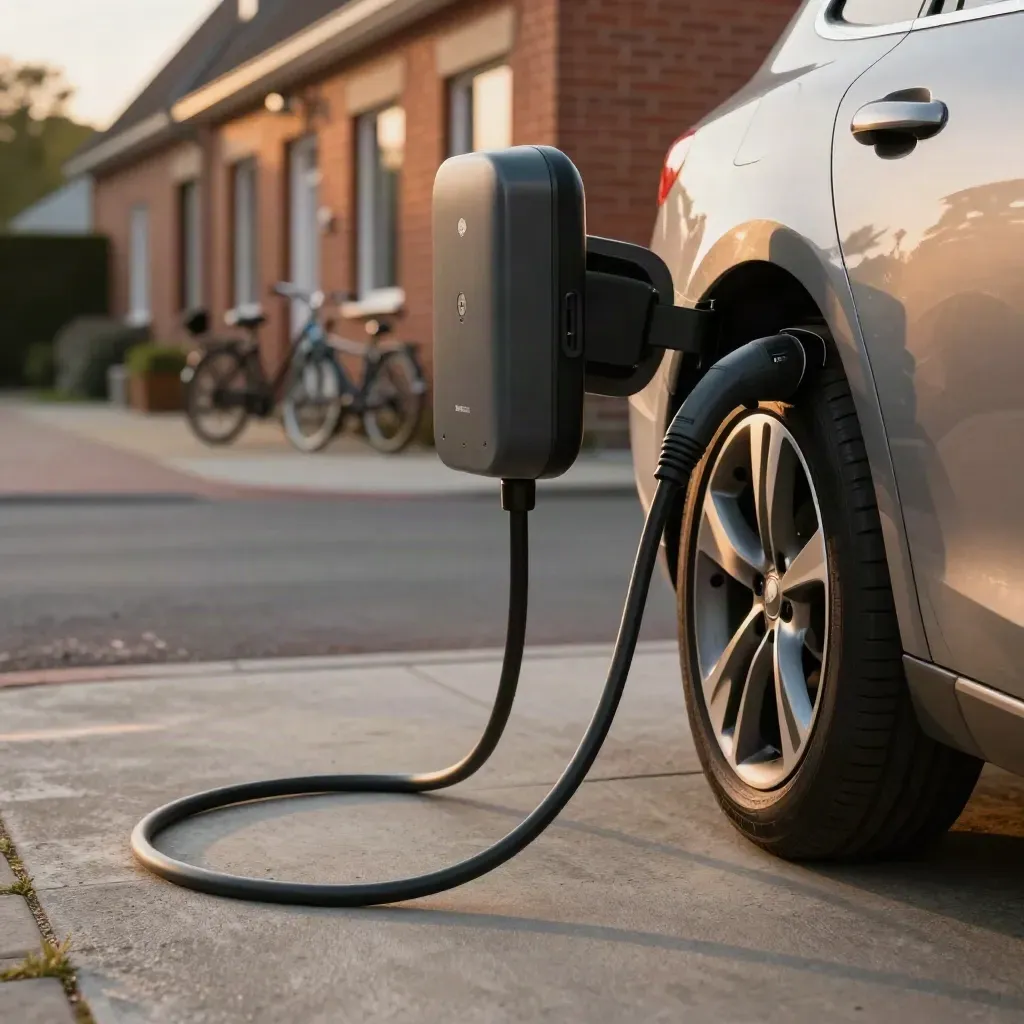 Laadkabel in een thuislaadpunt bij een elektrische stationwagen voor een rijtjeshuis in Utrecht.