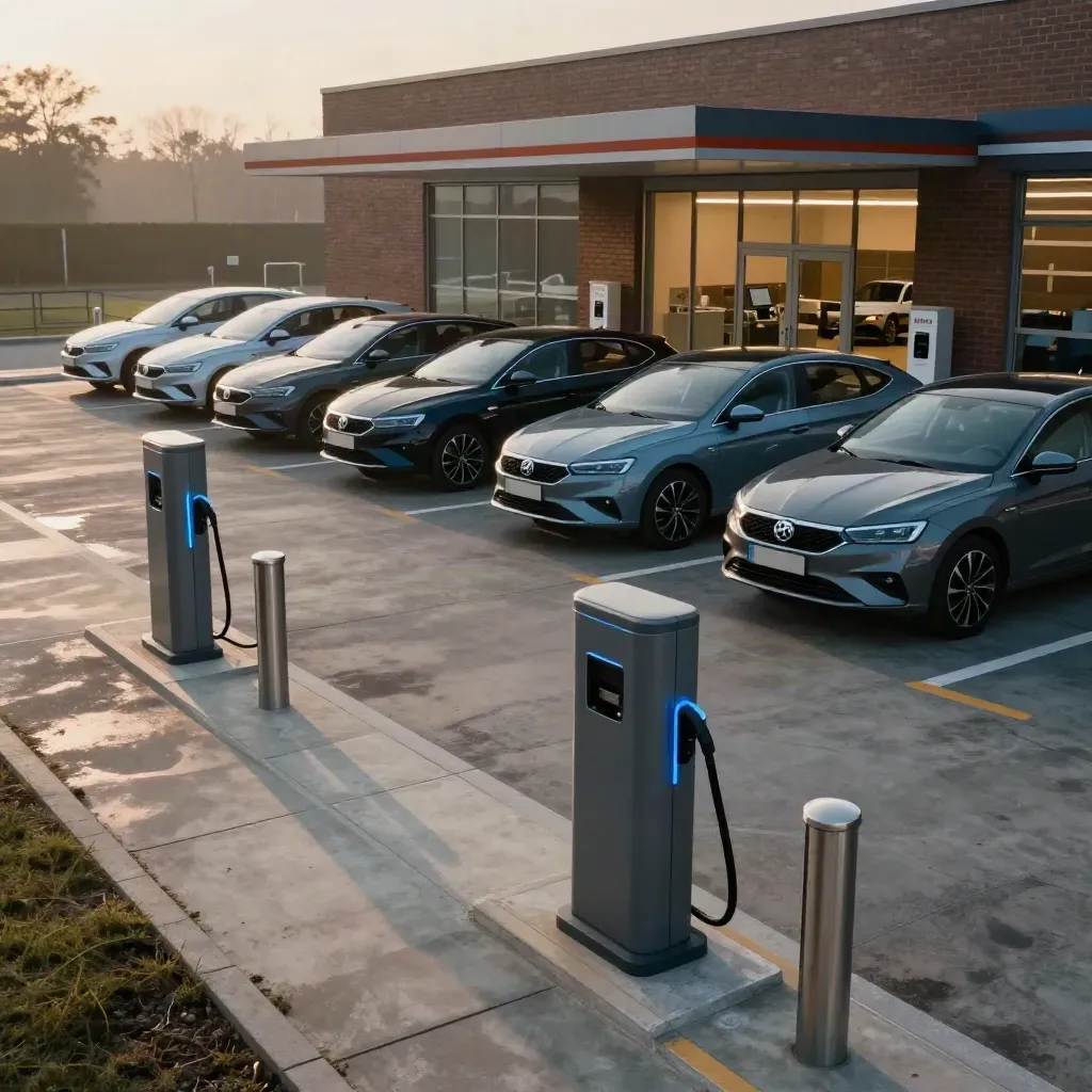 Bedrijfsplein in Breda met zes elektrische auto’s en twee laadpalen bij een open service-ingang