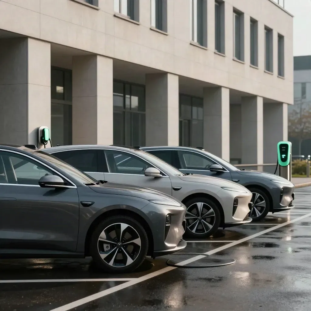 Drie elektrische auto’s naast een kantoor in Zwolle met één gedeelde laadpaal.