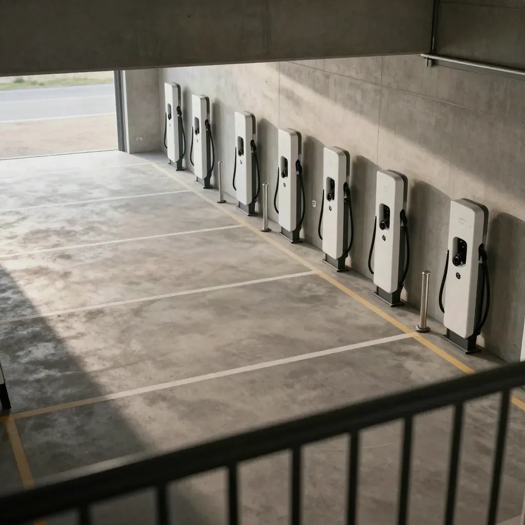 Haarlems parkeergarage met rij laadpunten en strakke kabelgoten, klaar voor gebruik.