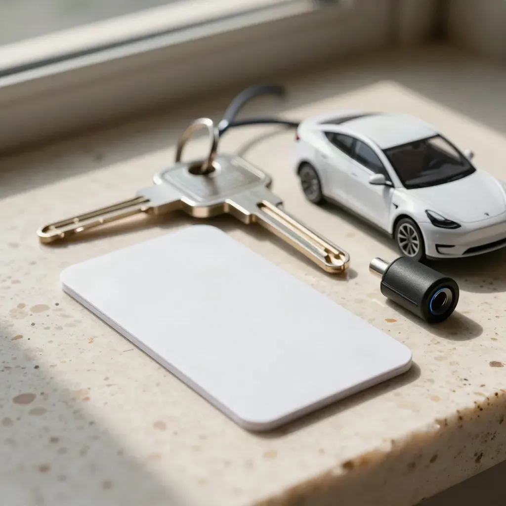 Macro van een EV-set met laadpas, huissleutel, stekkerdop en modelauto op travertin.