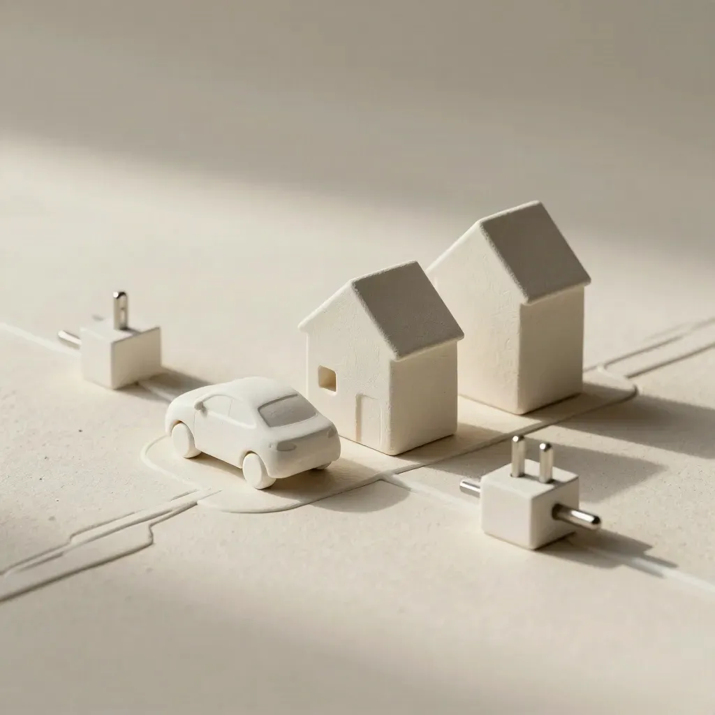 Miniatuur huisjes, een EV en laadstekkers op een rustige pleisterondergrond.