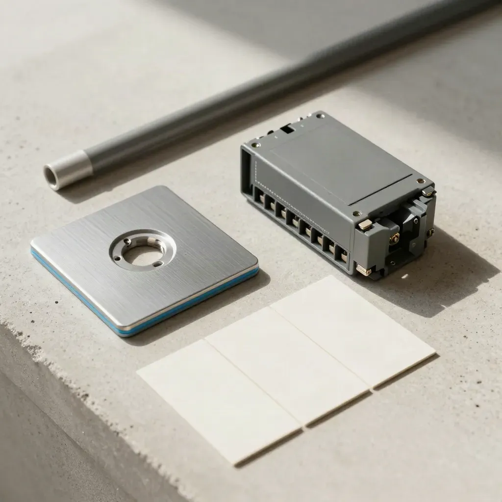 Bovenaanzicht van kabelgoot, wallbox-basis, relais en planning tabs op lichte betonplaat.