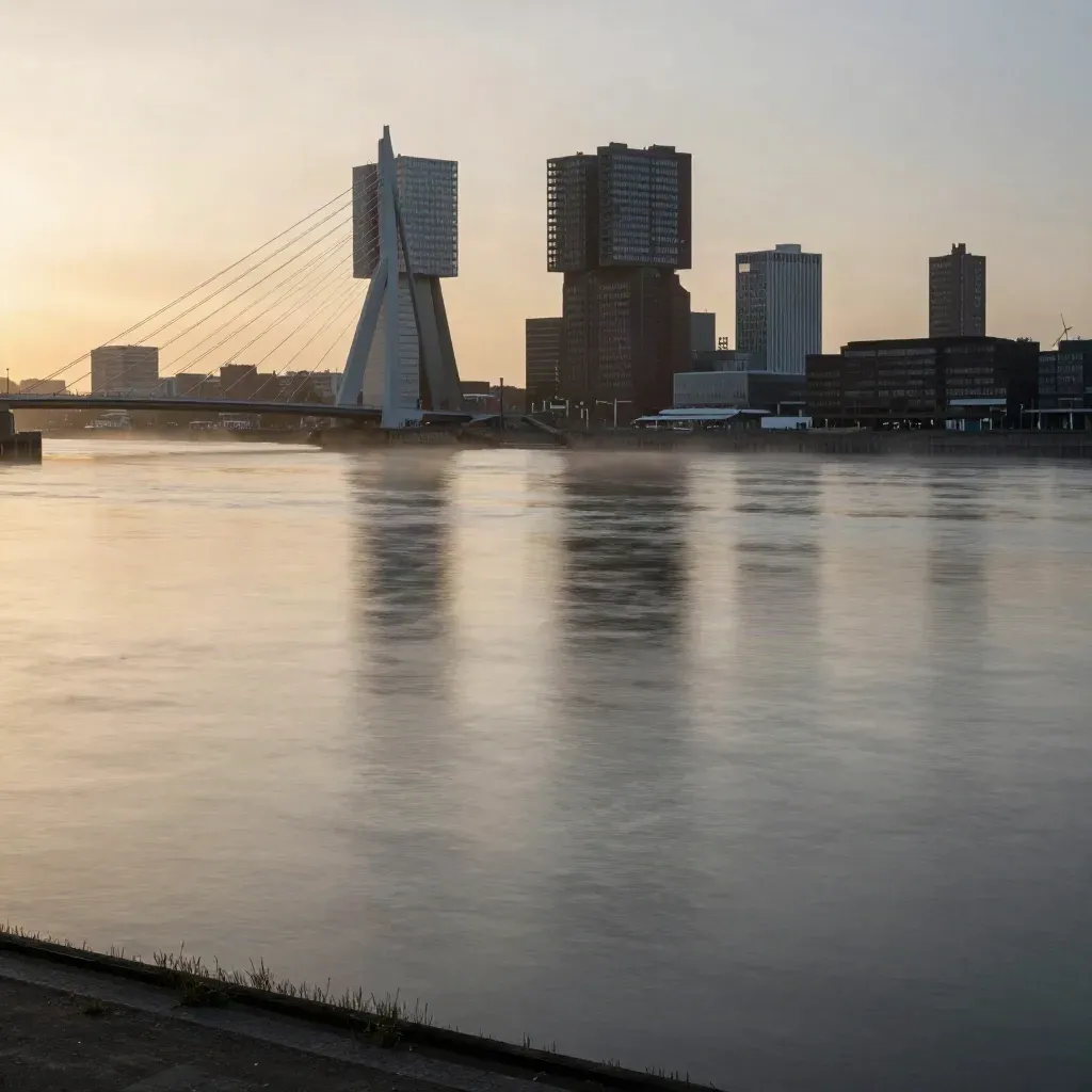 Rotterdam skyline bij zonsondergang boven de Maas met de Erasmusbrug en mistig water.