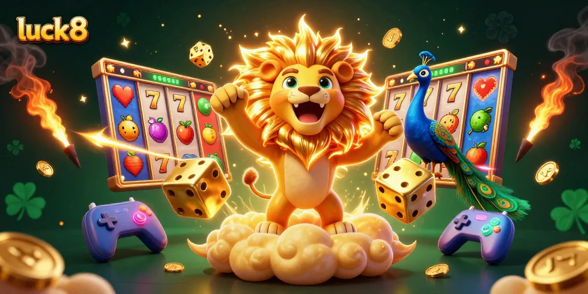 Experience thrilling gameplay at luck8 with a dynamic 3D casino scene featuring classic slot elements.