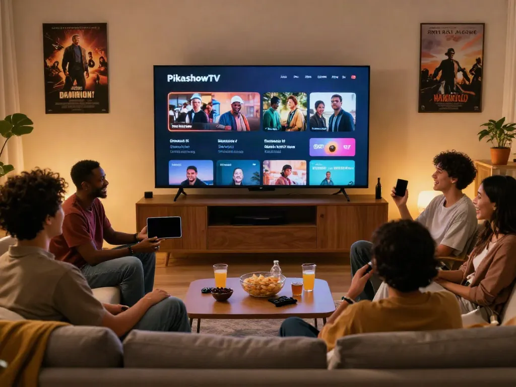 Friends enjoying a movie night with PikashowTV on their TV, showcasing a cozy home entertainment atmosphere.