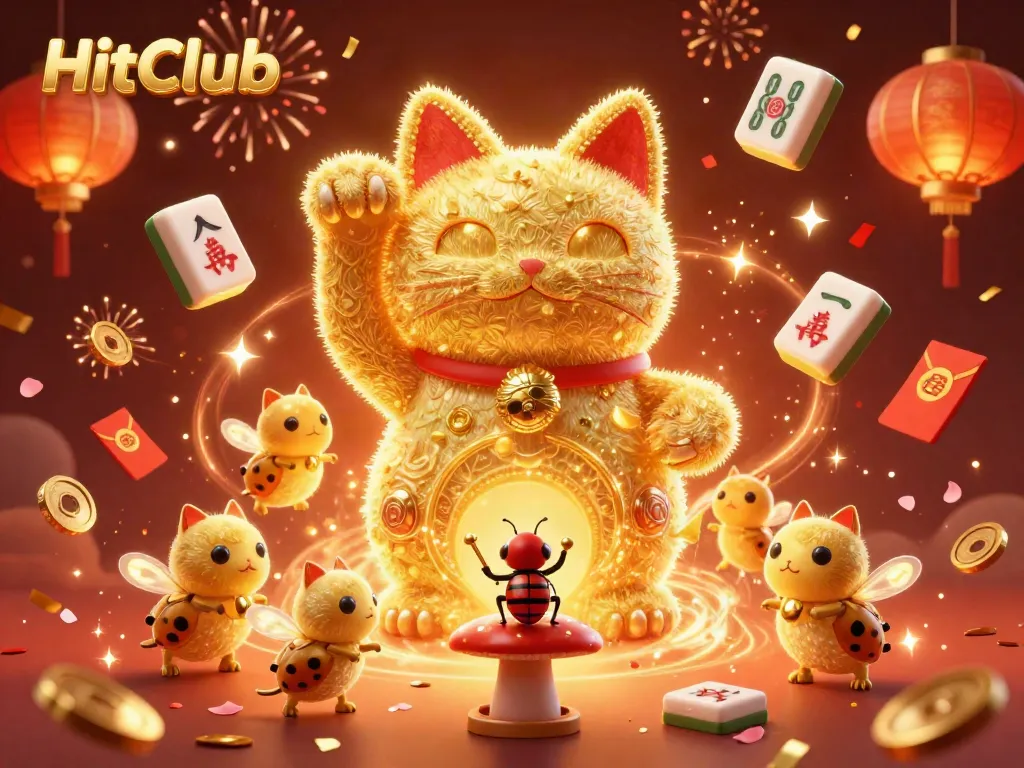 Engage with HitClub's thrilling casino experience featuring a playful lucky cat and enchanting decorations.