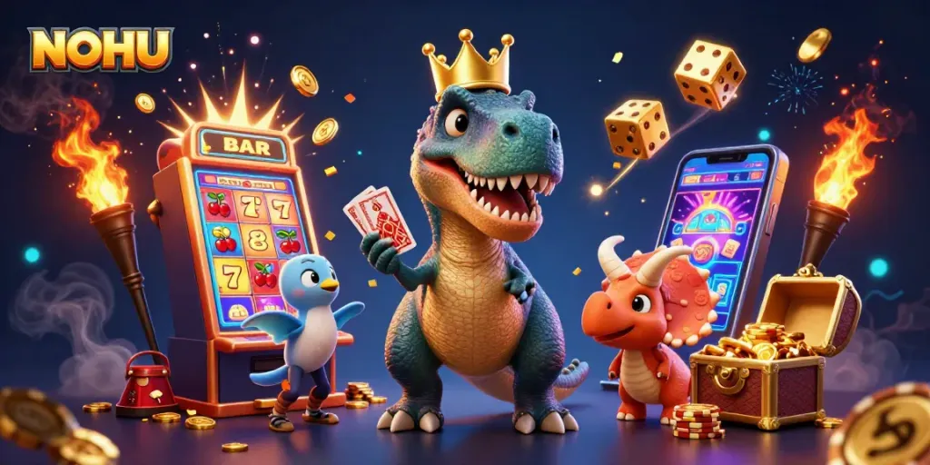 Experience the excitement of NOHU with a T-Rex and friends in a vibrant casino scene filled with jackpots.