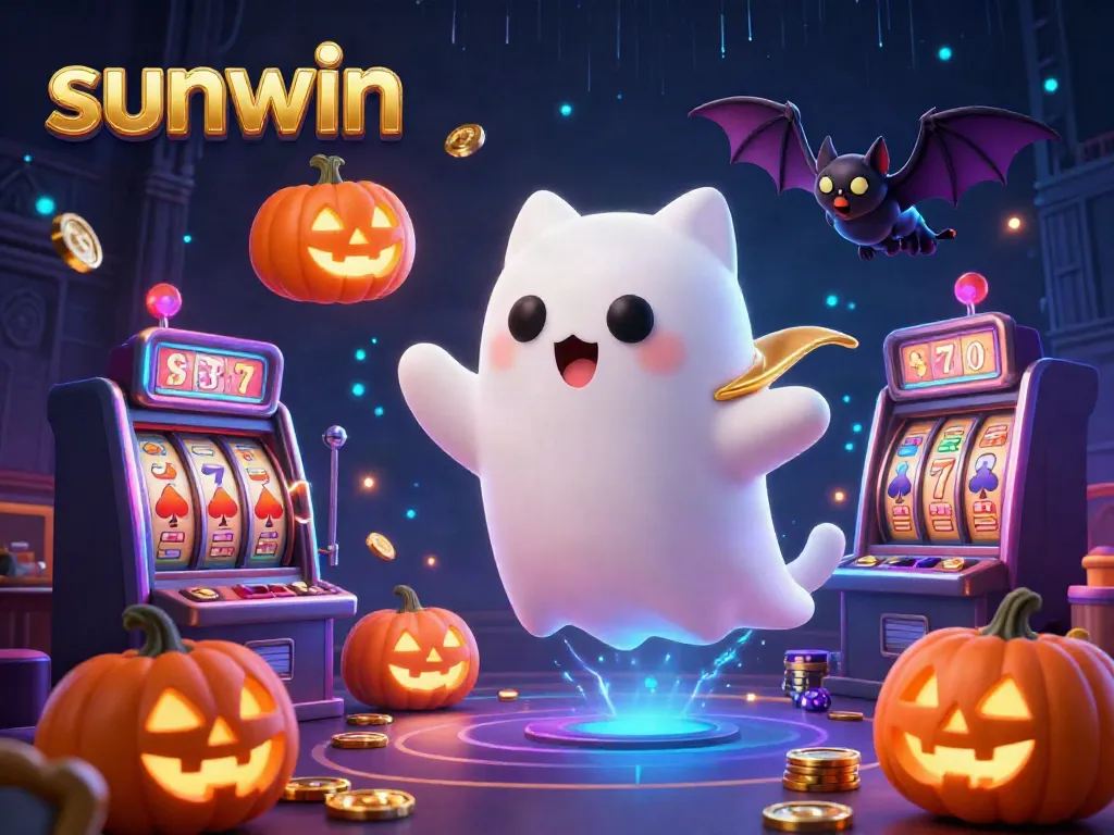 Experience the thrill of sunwin with ghost cat and vampire bat in a bustling casino ambiance.