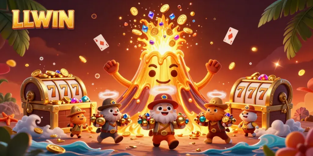 Experience thrilling wins at LLWIN casino with a vibrant eruption of treasures and lucky symbols.