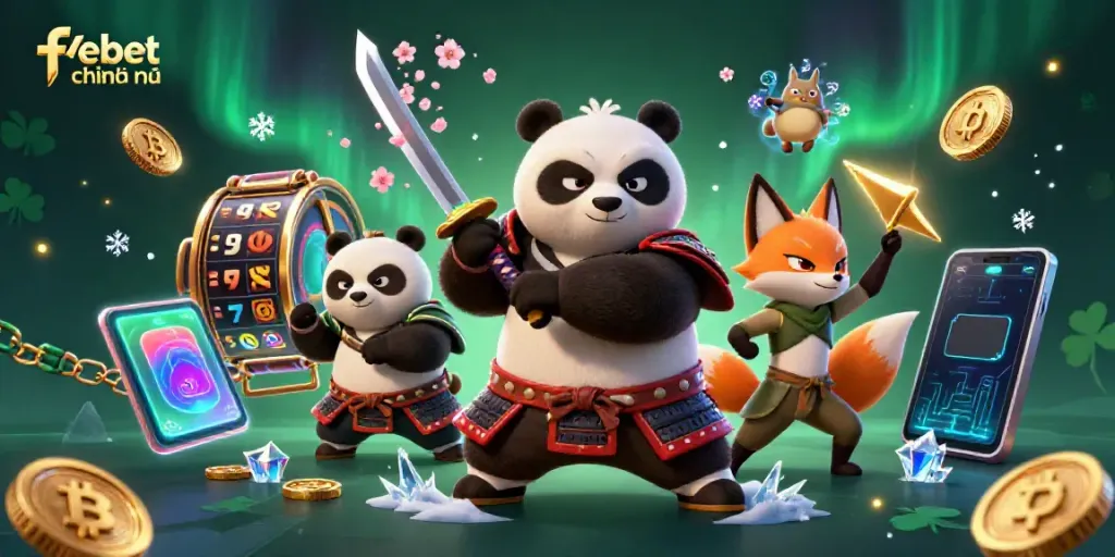 Experience thrilling gaming with febet chính thức, featuring a dynamic scene of a samurai panda and ninja fox amidst slot reels and glowing coins.
