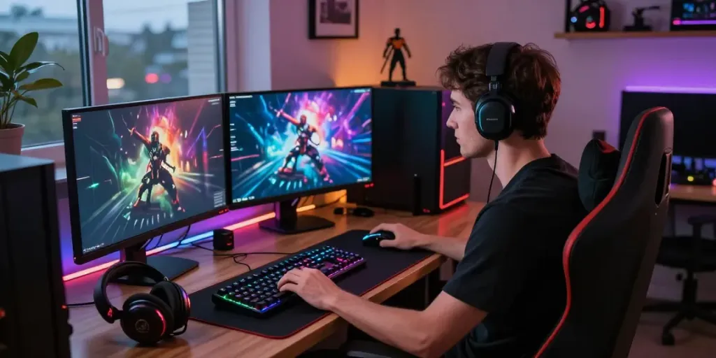 Engaged gamer at a stylish gaming setup showcasing rokok88 gaming gear
