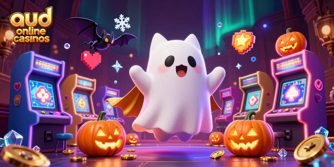 Engage in aud online casinos with a vibrant scene featuring a ghost cat, vampire bat, and glowing poker jack-o-lanterns.