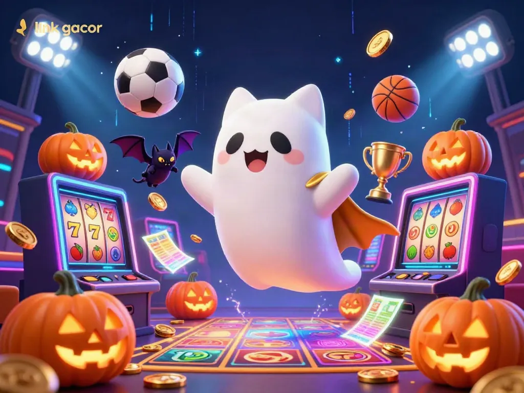 Engage with exciting link gacor slots gameplay featuring a friendly ghost cat and vivid elements in a haunted casino.