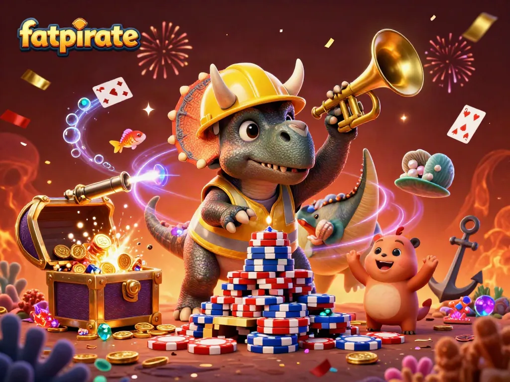 Fatpirate casino caricature with cheerful dinosaurs celebrating winnings amidst colorful casino elements.