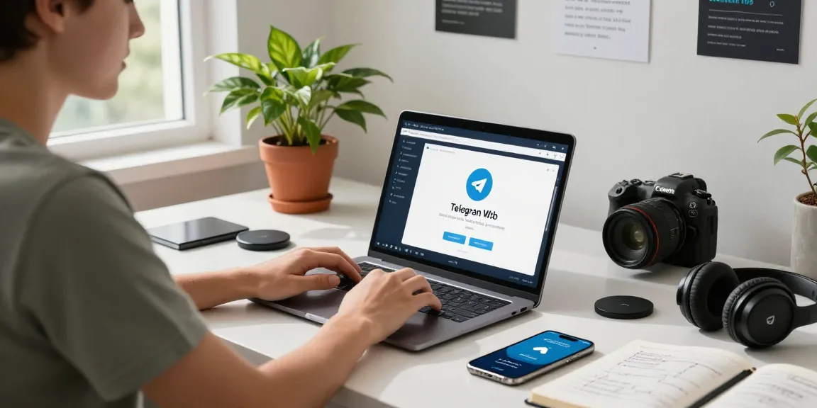 Professional using Telegram Web Version on a laptop in a modern tech workspace.