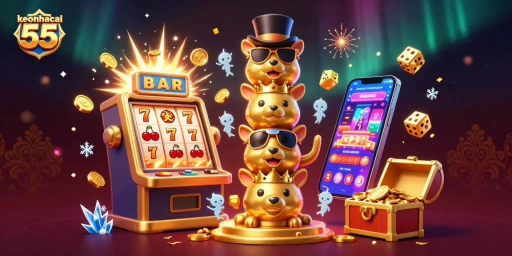 Spin to win exciting jackpots with the colorful keonhacai 55 casino illustration showcasing vibrant gaming elements.