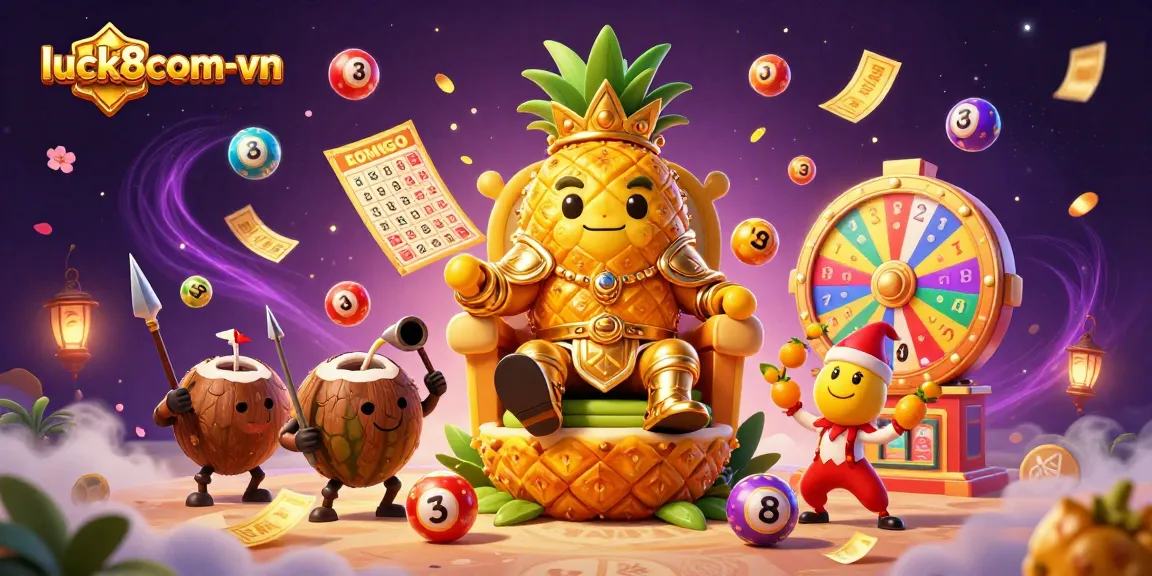 Watch luck8com-vn's vibrant casino illustration filled with dynamic lottery elements and casino characters.