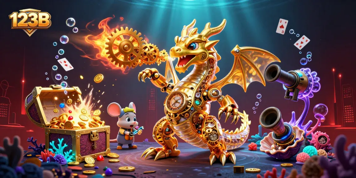 Engage in thrilling action at 123B with a stunning 3D scene featuring a golden dragon and treasures.