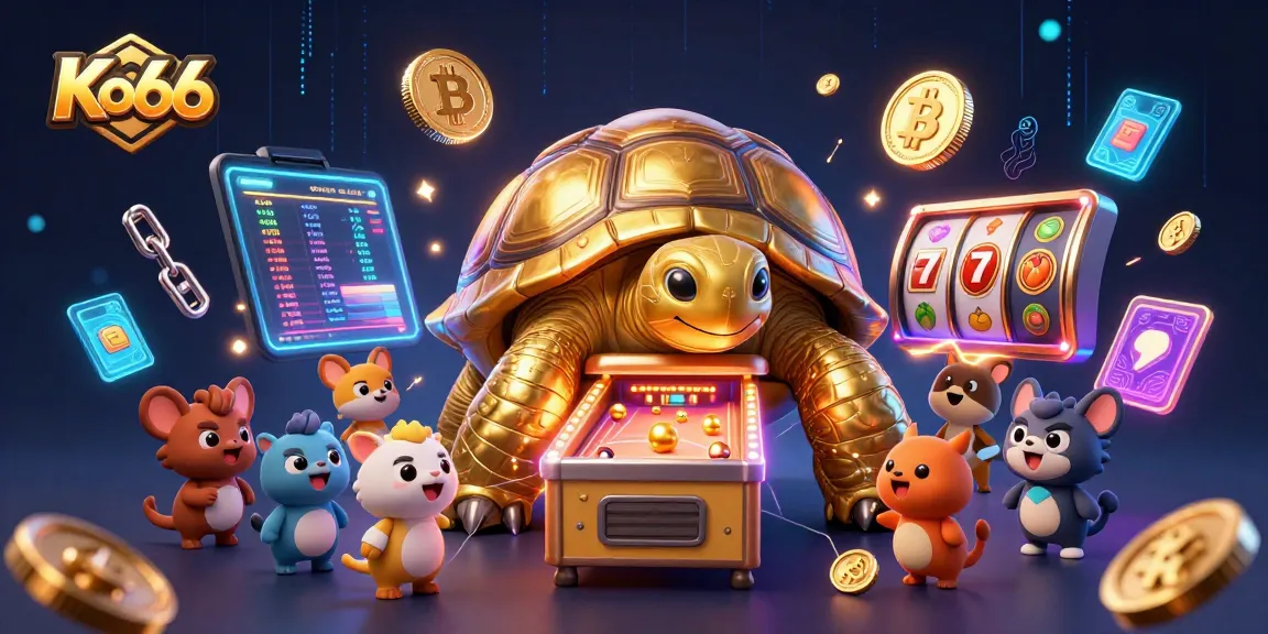 Experience the excitement of Ko66 with a colossal golden tortoise and vibrant casino elements!